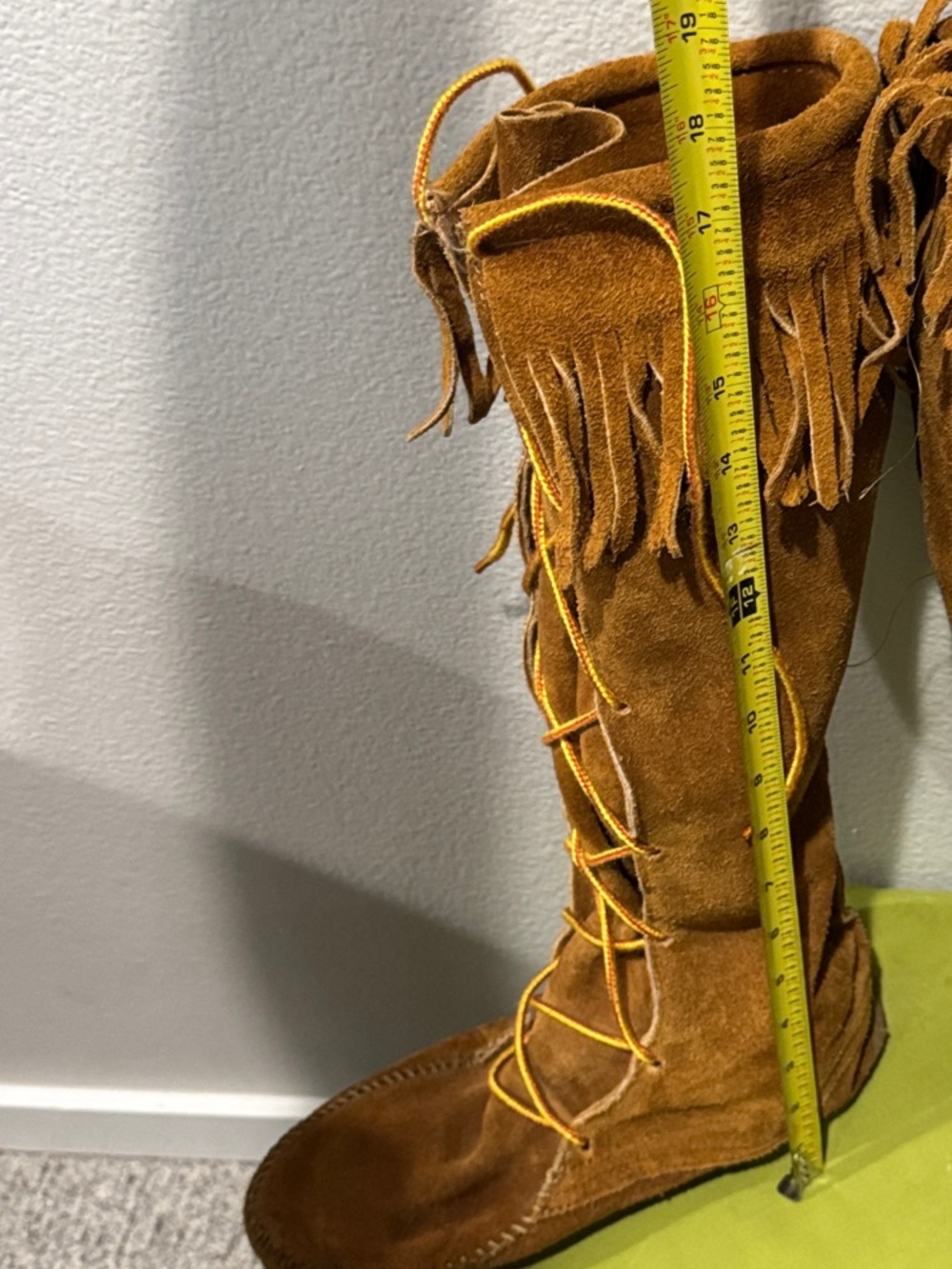 Vintage Minnetonka Brown Suede Fringe Knee High Lace Up Boots - Picture 7 of 16